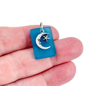 Vintage Sterling Silver 925 Moon Star Blue Glass Celestial Pendant
